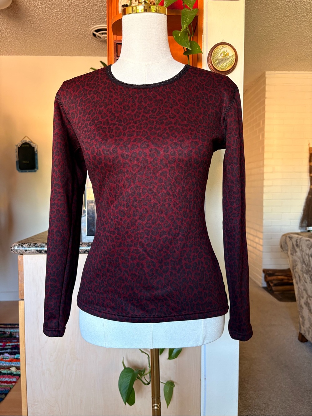 Vintage Fleece Lined Long Sleeve Leopard Print Top in Burgundy